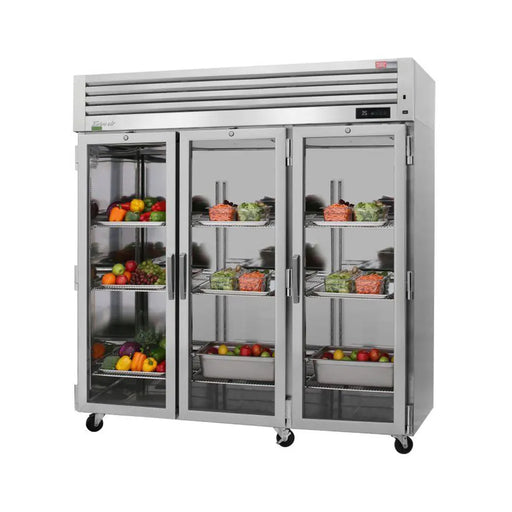 Turbo Air PRO-77R-G-N, 77 3/4" Three Section Reach In Refrigerator, (3) Left/Right Hinge Glass Doors, 115v - Donut-Supplies.Com