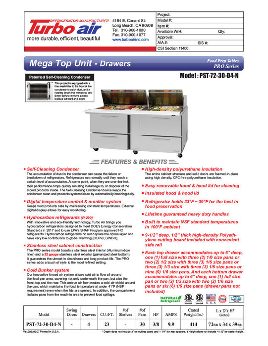 Turbo Air PST-72-30-D4-N 72" PRO Series Mega Top Sandwich/Salad Prep Table w/ Refrigerated Base - Donut-Equipment.com