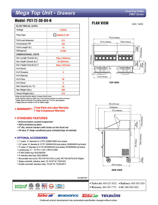 Turbo Air PST-72-30-D4-N 72" PRO Series Mega Top Sandwich/Salad Prep Table w/ Refrigerated Base - Donut-Equipment.com