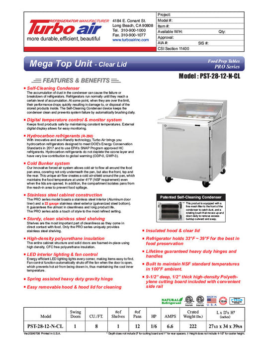 Turbo Air PST-28-12-N-CL 27 1/2" PRO Series Mega Top Sandwich/Salad Prep Table w/ Refrigerated Base - Donut-Equipment.com