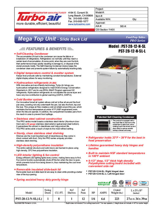 Turbo Air PST-28-12-FB-N(-L) " PRO Series Mega Top Sandwich/Salad Prep Table w/ Refrigerated Base - Donut-Equipment.com