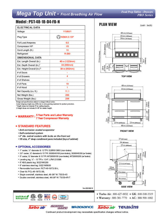 Turbo Air PST-48-18-D4-FB-N PRO Series Mega Top Sandwich/Salad Prep Table Front Breathing Airflow - Donut-Equipment.com