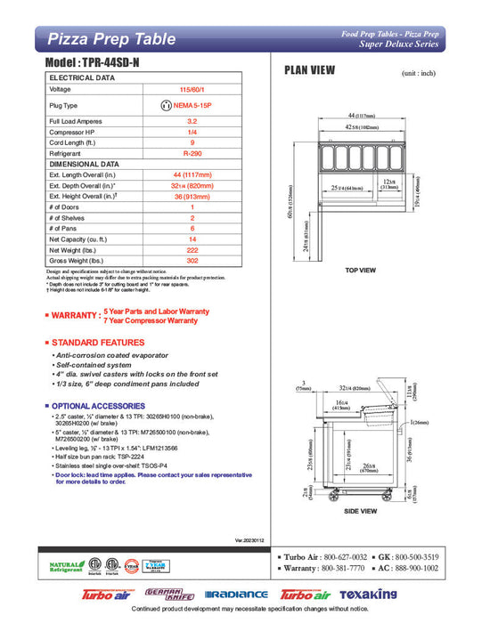 Turbo Air TPR-44SD-N 44" Super Deluxe Refrigerated Pizza Prep Table - Donut-Equipment.com