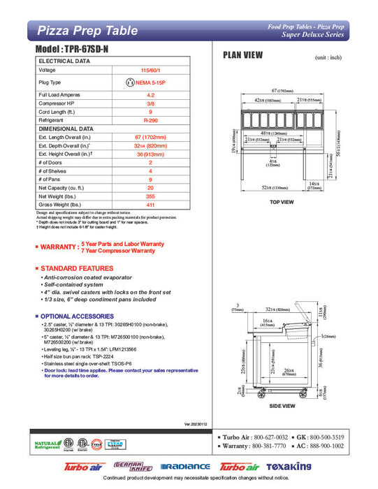 Turbo Air TPR-67SD-N 67" Super Deluxe Refrigerated Pizza Prep Table - Donut-Equipment.com