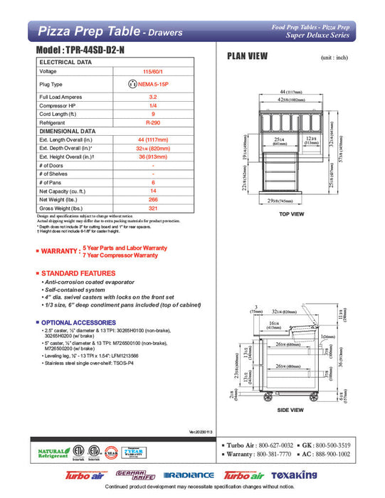 Turbo Air TPR-44SD-D2-N 44" 2 Drawer Pizza Prep Table - Donut-Equipment.com