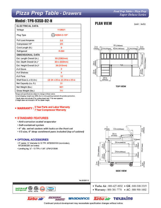 Turbo Air TPR-93SD-D2-N 93" Pizza Prep Table with 2 Doors and 2 Drawers - Donut-Equipment.com