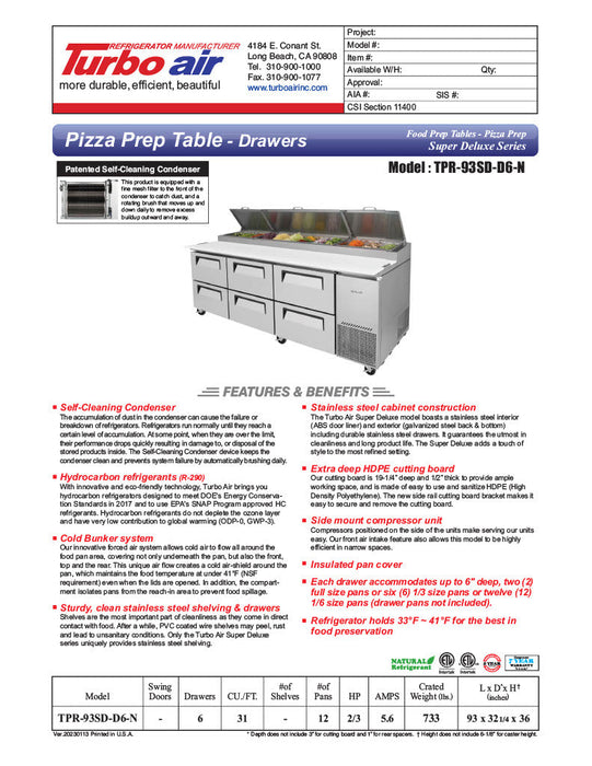 Turbo Air TPR-93SD-D6-N 93" 6 Drawer Pizza Prep Table - Donut-Equipment.com