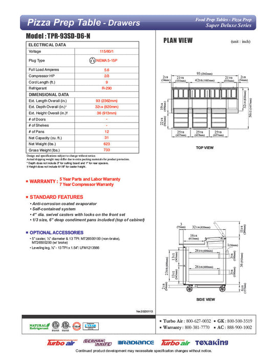 Turbo Air TPR-93SD-D6-N 93" 6 Drawer Pizza Prep Table - Donut-Equipment.com