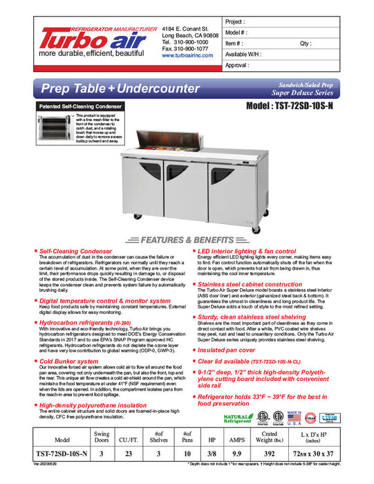 Turbo Air Super Deluxe TST-72SD-10S-N-LW 72" 3 Door Refrigerated Sandwich Prep Table with Left Work Station - Donut-Equipment.com