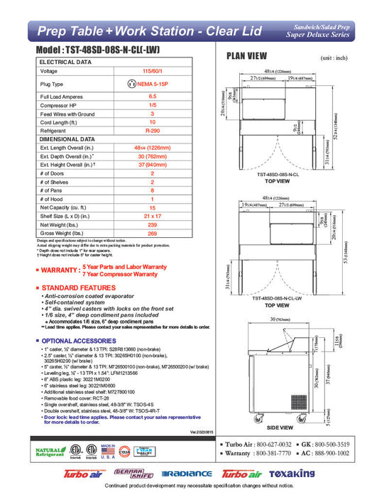Turbo Air Super Deluxe TST-48SD-08S-N-CL 48" 2 Door Refrigerated Sandwich Prep Table with Clear Lid - Donut-Equipment.com