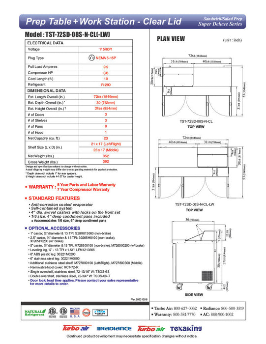 Turbo Air Super Deluxe TST-72SD-08S-N-CL 72" 3 Door Refrigerated Sandwich Prep Table with Clear Lid - Donut-Equipment.com