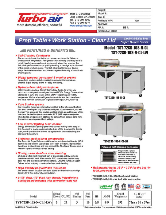 Turbo Air Super Deluxe TST-72SD-10S-N-CL 72" 3 Door Refrigerated Sandwich Prep Table with Clear Lid - Donut-Equipment.com