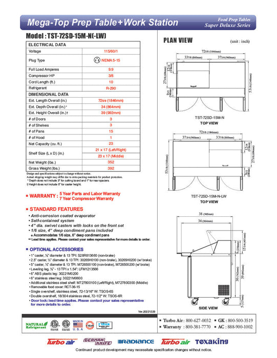 Turbo Air Super Deluxe TST-72SD-15M-N-LW 72" 3 Door Mega Top Refrigerated Sandwich Prep Table with Left Work Station - Donut-Equipment.com