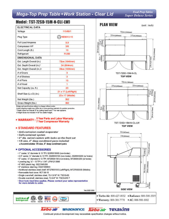 Turbo Air Super Deluxe TST-72SD-15M-N-CL 72" 3 Door Mega Top Refrigerated Sandwich Prep Table with Clear Lid - Donut-Equipment.com