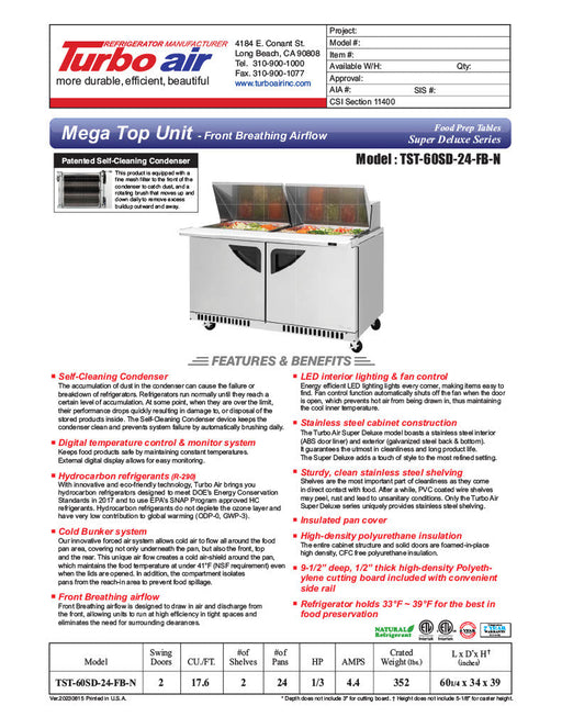 Turbo Air TST-60SD-24-FB-N 60 1/4" Super Deluxe Mega Top Sandwich/Salad Prep Table - Donut-Equipment.com