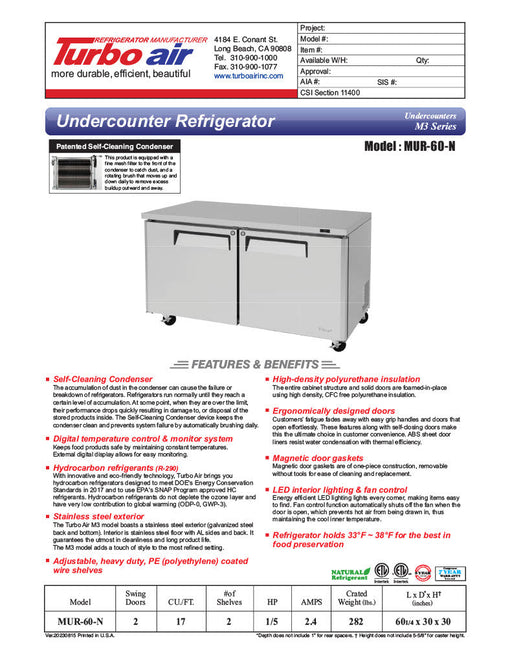 Turbo Air MUR-60-N 60 1/4" W Undercounter Refrigerator w/ 2 Sections & Solid Doors - Donut-Supplies.Com