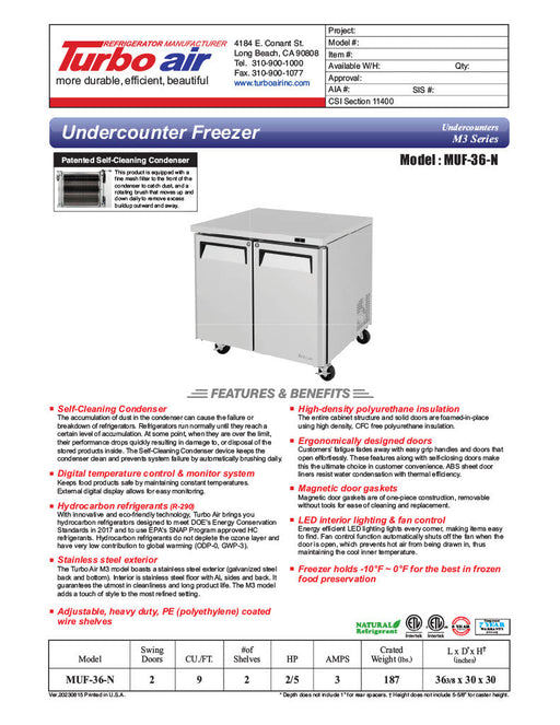 Turbo Air MUF-36-N 36 1/4" W Undercounter Freezer w/ 1 Section & 2 Solid Doors - Donut-Supplies.Com