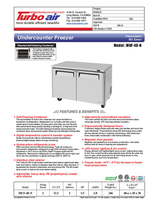 Turbo Air MUF-48-N 48 1/4" W Undercounter Freezer w/ 2 Sections & 2 Solid Doors - Donut-Supplies.Com