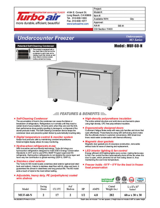 Turbo Air MUF-60-N 60 1/4" W Undercounter Freezer w/ 2 Sections & Solid Doors - Donut-Supplies.Com
