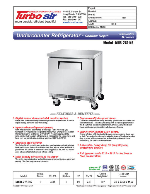 Turbo Air MUR-27S-N6 M3 Series 27" Shallow Depth Undercounter Refrigerator w/ 1 Section & Solid Door - Donut-Supplies.Com