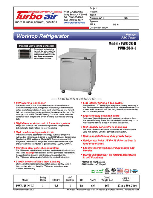 Turbo Air PWR-28-N 27 1/2" Worktop Refrigerator w/ 1 Section - Donut-Supplies.Com