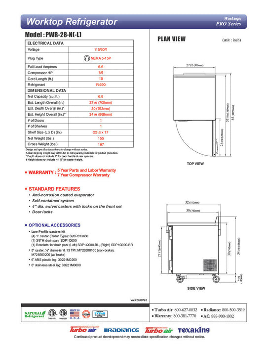 Turbo Air PWR-28-N 27 1/2" Worktop Refrigerator w/ 1 Section - Donut-Supplies.Com