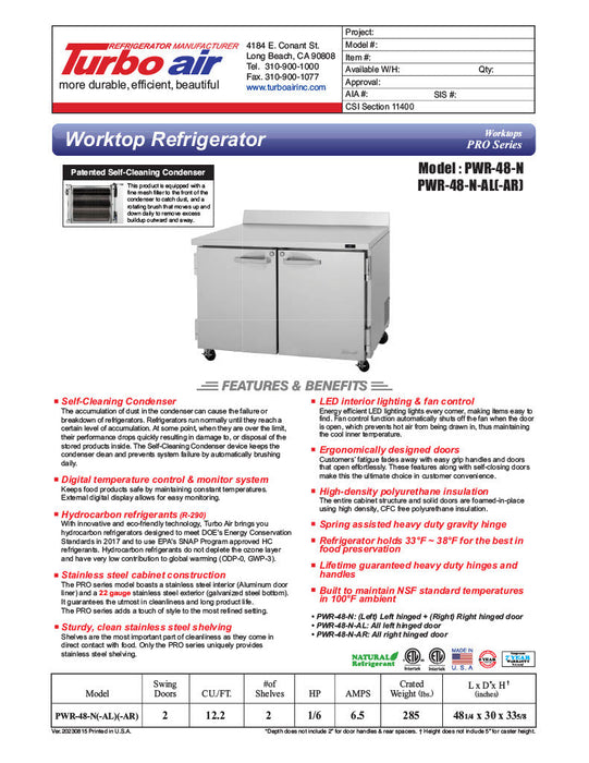 Turbo Air PWR-48-N 48 1/4" Worktop Refrigerator w/ (2) Sections, 2 Solid Doors - Donut-Supplies.Com
