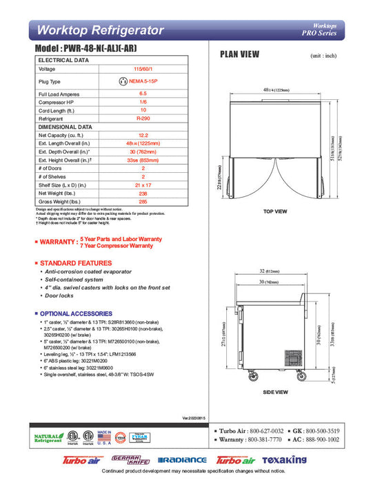Turbo Air PWR-48-N 48 1/4" Worktop Refrigerator w/ (2) Sections, 2 Solid Doors - Donut-Supplies.Com