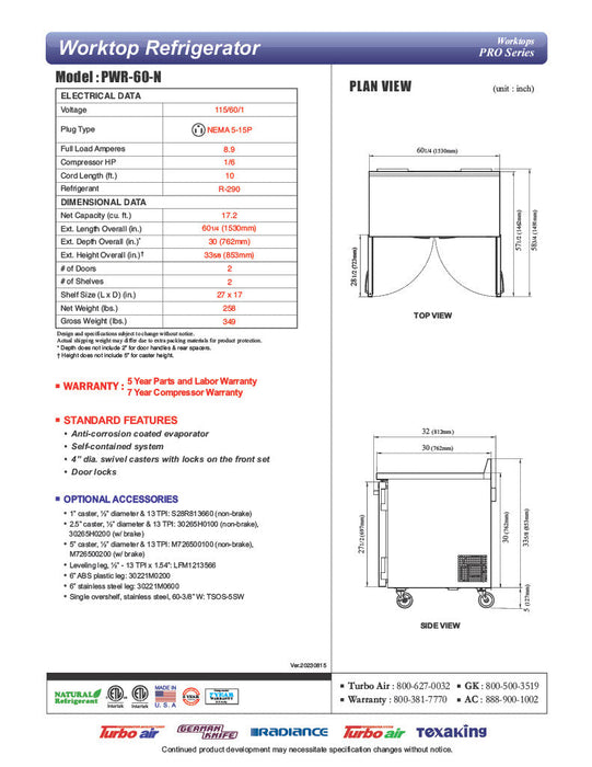Turbo Air PWR-60-N 60 1/4" Worktop Refrigerator w/ 2 Sections, 2 Solid Doors - Donut-Supplies.Com