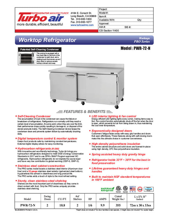 Turbo Air PWR-72-N 72 1/4" Worktop Refrigerator w/ 2 Sections, 2 Solid Doors - Donut-Supplies.Com