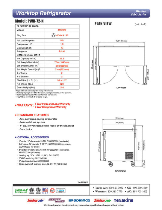 Turbo Air PWR-72-N 72 1/4" Worktop Refrigerator w/ 2 Sections, 2 Solid Doors - Donut-Supplies.Com