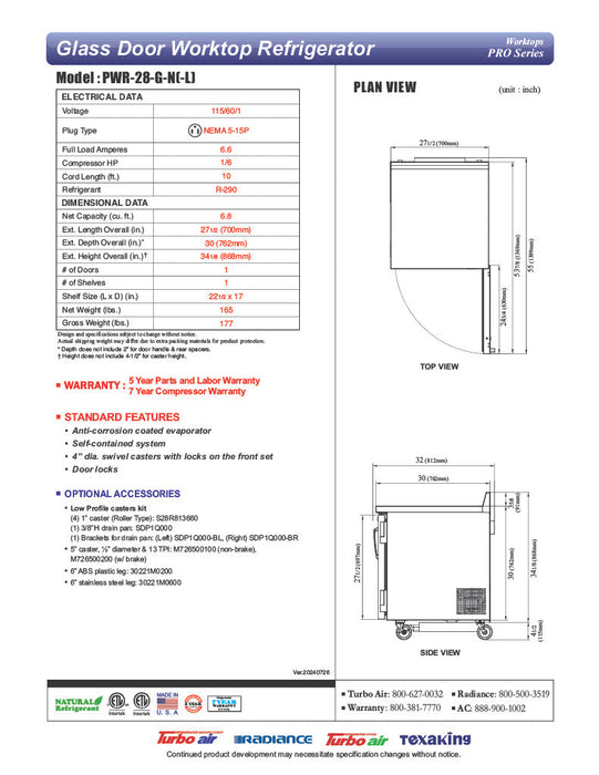 Turbo Air PWR-28-G-N 27 1/2" Worktop Refrigerator w/ (1) Section, 1 Glass Door - Donut-Supplies.Com