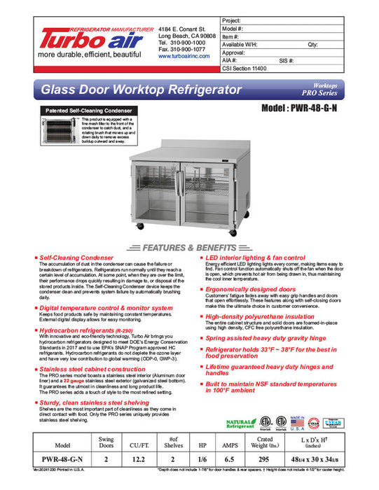 Turbo Air PWR-48-G-N 48 1/4" Worktop Refrigerator w/ 2 Sections, 2 Glass Doors - Donut-Supplies.Com