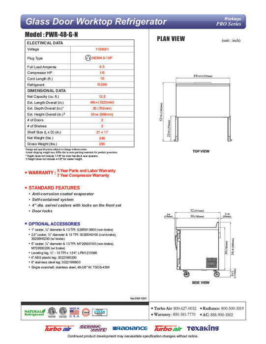 Turbo Air PWR-48-G-N 48 1/4" Worktop Refrigerator w/ 2 Sections, 2 Glass Doors - Donut-Supplies.Com