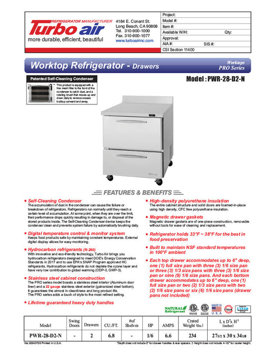 Turbo Air PWR-28-D2-N 27 1/2" Worktop Refrigerator w/ 1 Section, 2 Drawers - Donut-Supplies.Com