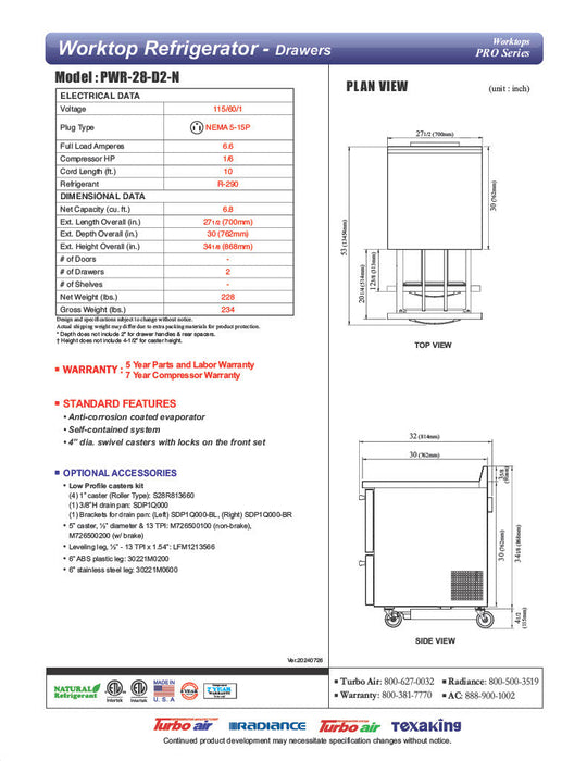Turbo Air PWR-28-D2-N 27 1/2" Worktop Refrigerator w/ 1 Section, 2 Drawers - Donut-Supplies.Com