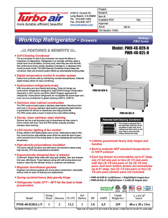 Turbo Air PWR-48-D2R-N 48 1/4" Worktop Refrigerator w/ (2) Sections, 2 Drawers & 1 Solid Door - Donut-Supplies.Com