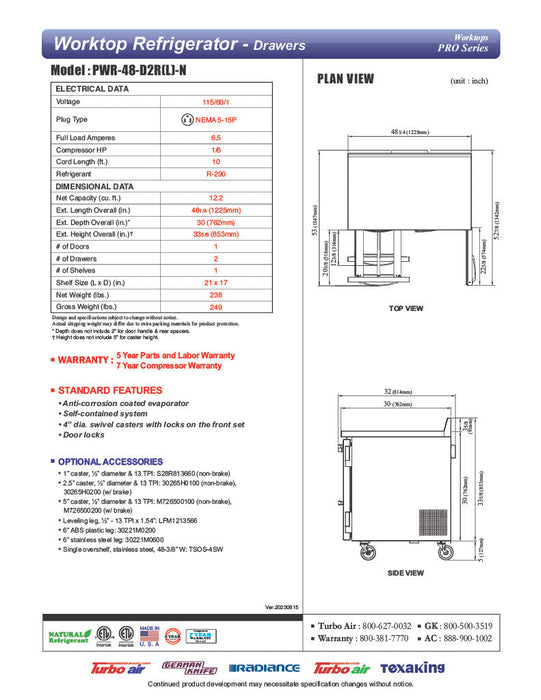 Turbo Air PWR-48-D2R-N 48 1/4" Worktop Refrigerator w/ (2) Sections, 2 Drawers & 1 Solid Door - Donut-Supplies.Com