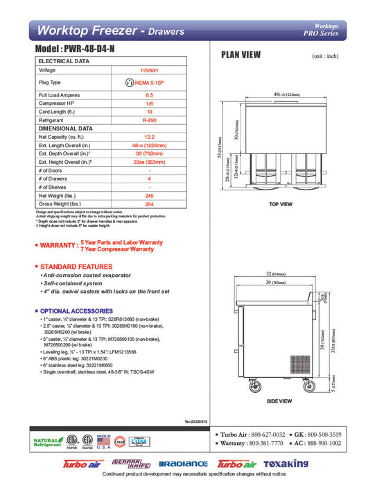 Turbo Air PWR-48-D4-N 48 1/4" Worktop Refrigerator w/ 2 Sections, 4 Drawers - Donut-Supplies.Com
