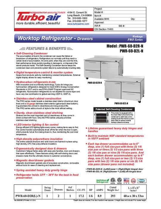 Turbo Air PWR-60-D2R-N 60 1/4" Worktop Refrigerator w/ 2 Sections, 2 Drawers & 1 Solid Door - Donut-Supplies.Com