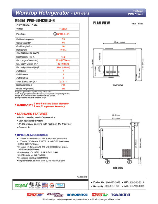 Turbo Air PWR-60-D2R-N 60 1/4" Worktop Refrigerator w/ 2 Sections, 2 Drawers & 1 Solid Door - Donut-Supplies.Com