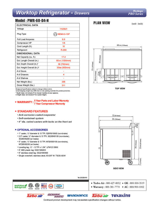 Turbo Air PWR-60-D4-N 60 1/4" Worktop Refrigerator w/ 2 Sections, 4 Drawers - Donut-Supplies.Com