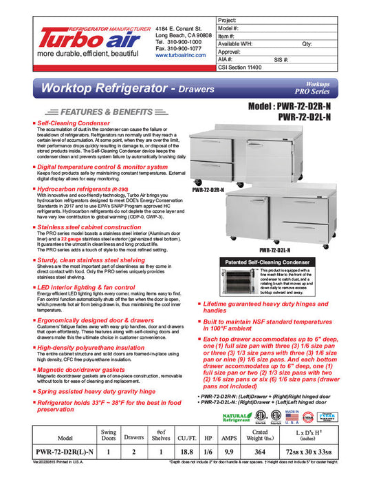 Turbo Air PWR-72-D2R-N 72 1/4" Worktop Refrigerator w/ 3 Sections, 2 Drawers & 1 Solid Door - Donut-Supplies.Com