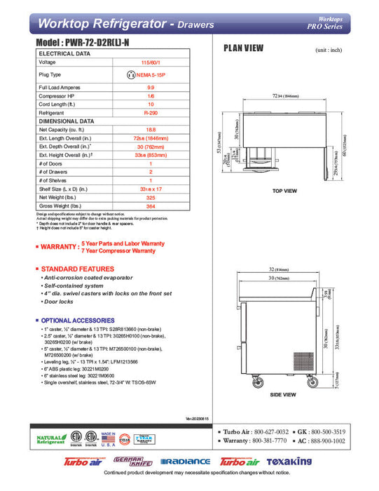 Turbo Air PWR-72-D2R-N 72 1/4" Worktop Refrigerator w/ 3 Sections, 2 Drawers & 1 Solid Door - Donut-Supplies.Com