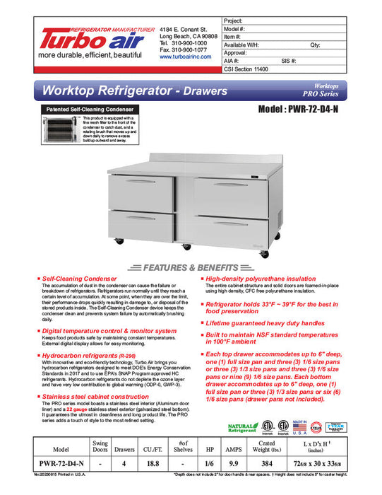 Turbo Air PWR-72-D4-N 72 1/4" Worktop Refrigerator w/ 2 Sections, 4 Drawers - Donut-Supplies.Com
