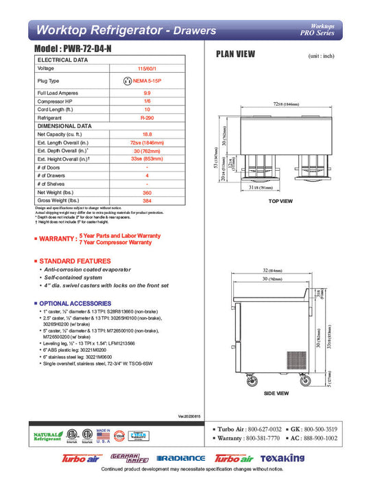 Turbo Air PWR-72-D4-N 72 1/4" Worktop Refrigerator w/ 2 Sections, 4 Drawers - Donut-Supplies.Com