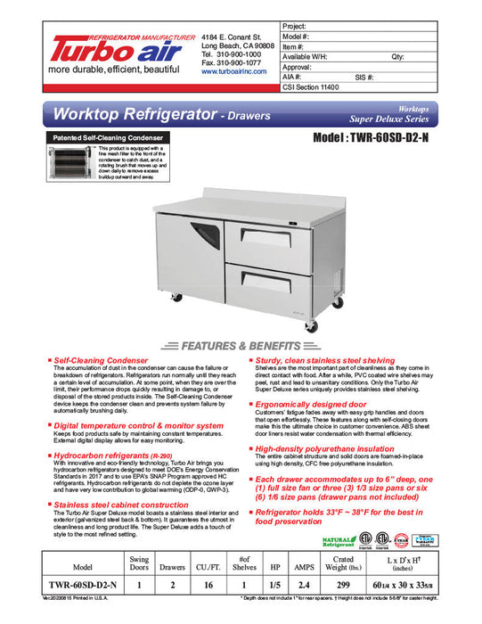 Turbo Air TWR-60SD-D2R-N 60 1/4" Super Deluxe Worktop Refrigerator w/ (2) Sections, 2 Drawers & 1 Solid Door - Donut-Supplies.Com
