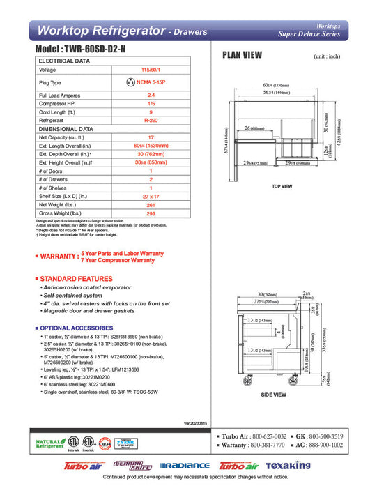 Turbo Air TWR-60SD-D2R-N 60 1/4" Super Deluxe Worktop Refrigerator w/ (2) Sections, 2 Drawers & 1 Solid Door - Donut-Supplies.Com