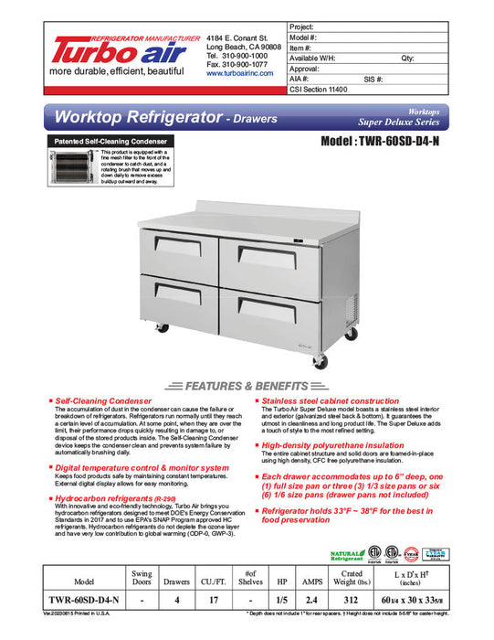 Turbo Air TWR-60SD-D4-N 60 1/4" Super Deluxe Worktop Refrigerator w/ (2) Sections, 4 Drawers - Donut-Supplies.Com