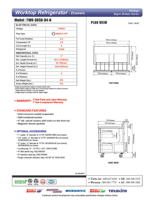 Turbo Air TWR-60SD-D4-N 60 1/4" Super Deluxe Worktop Refrigerator w/ (2) Sections, 4 Drawers - Donut-Supplies.Com